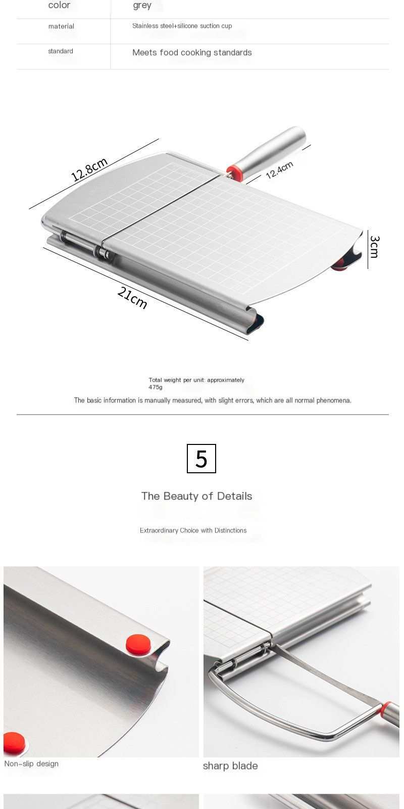 Stainless steel cheese slicer with a grey gridded cutting board, wire blade, metal handle and red anti-slip feet