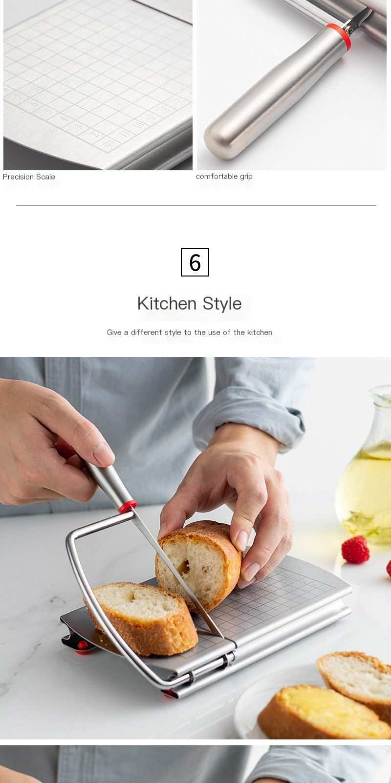 Stainless steel cheese slicer with a gridded cutting board, wire frame, red accents and anti-slip feet slicing bread