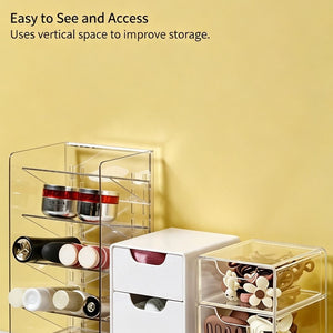 Low Profile Clear Storage Box, transparent acrylic cosmetic organiser with angled inner compartments and clear pull-out drawers