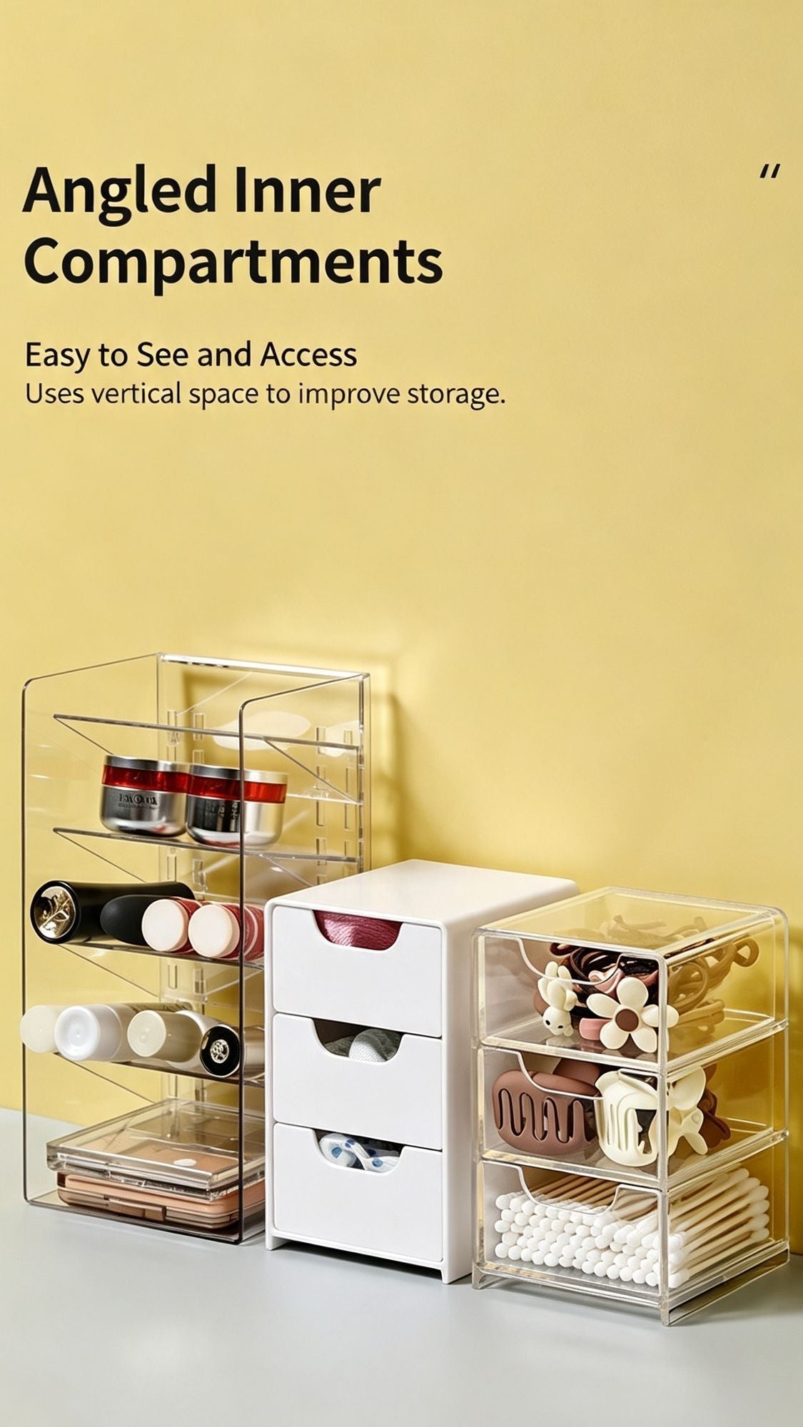 Low Profile Clear Storage Box, transparent acrylic cosmetic organiser with angled inner compartments and clear pull-out drawers