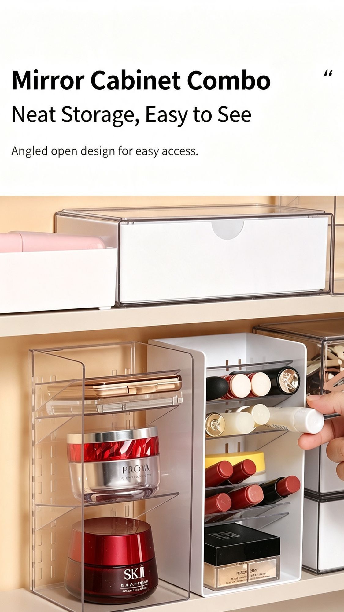 Low Profile Clear Storage Box with transparent PET drawers and divided compartments, shown holding cosmetics and skincare jars.