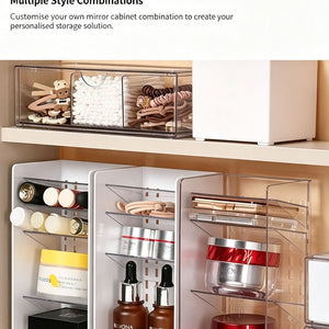 Low Profile Clear Storage Box organiser in transparent acrylic with divided compartments, holding cosmetics and skincare products.
