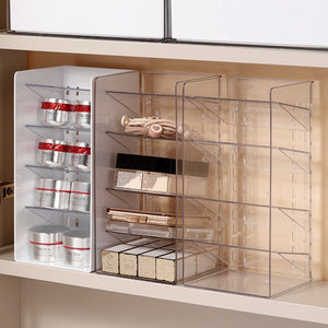 Low Profile Clear Storage Box in transparent plastic, with a tall divided grid organiser holding cosmetics and skincare jars