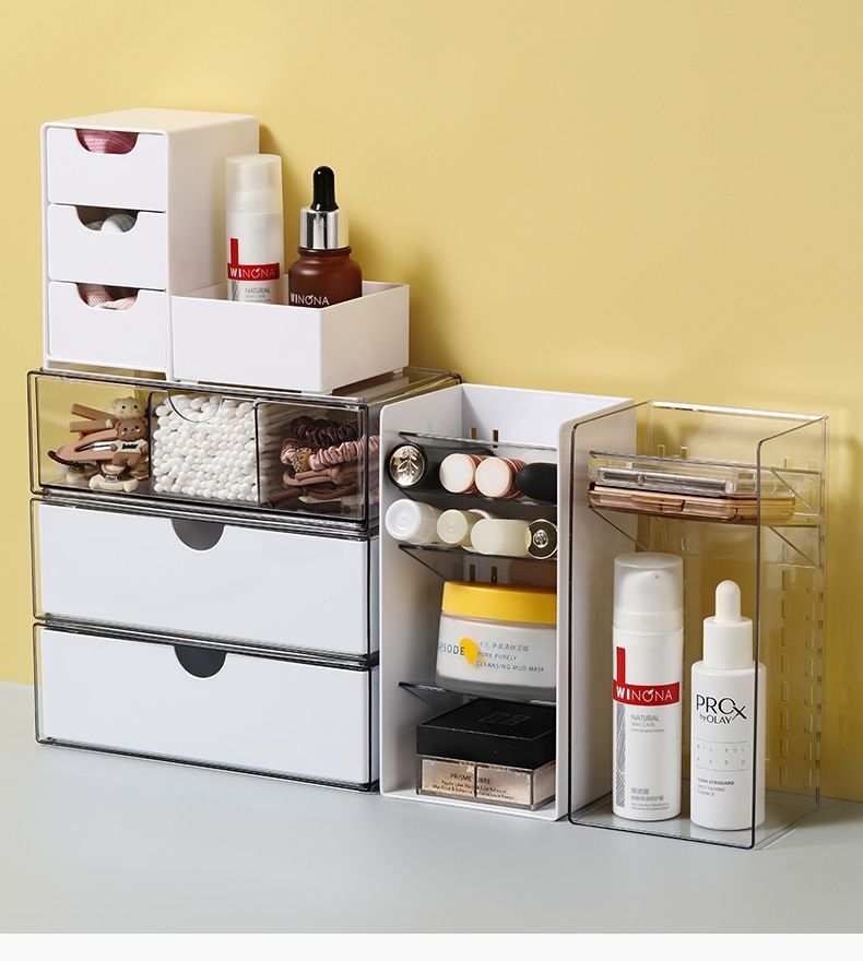 Low Profile Clear Storage Box organiser set with transparent PET compartments, white drawers, and assorted cosmetics neatly stored