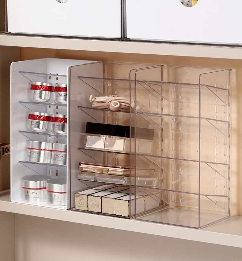Low Profile Clear Storage Box, transparent plastic cosmetic organiser with divided shelves holding skincare jars and makeup