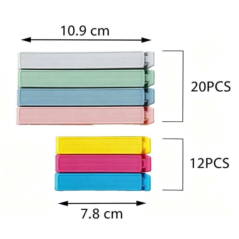 32PCS Food Bag Clips in assorted pastel and bright plastic colours, with 20 large clips and 12 small clips