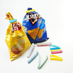 32PCS Food Bag Clips in assorted plastic colours, shown sealing snack bags alongside small and large reusable clips.