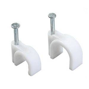 Steel Nail Cable Fixing Clips in white PE plastic with straight silver steel nails and arched cable-holding bodies