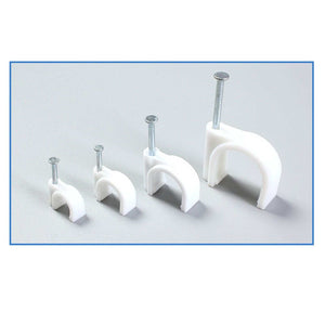 Steel Nail Cable Fixing Clips in white plastic with silver steel nails, shown in four graduated sizes with arched cable holders