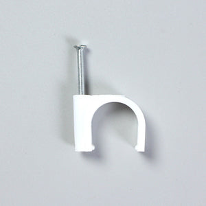 Steel Nail Cable Fixing Clips in white plastic with a silver metal nail and arched snap-in cable holder