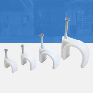 Steel Nail Cable Fixing Clips in white plastic with silver steel nails, shown in four sizes with curved snap-fit arches