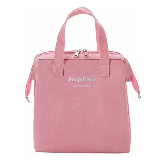 Insulated Lunch Bag in pink fabric with two handles, a metal top zipper and “keep fresh” lettering on the front