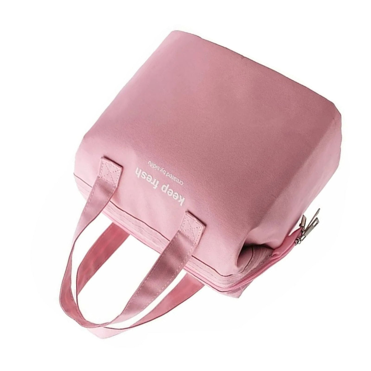 Insulated Lunch Bag in pink Oxford cloth with a smooth solid finish, double carry handles and a metal zipper