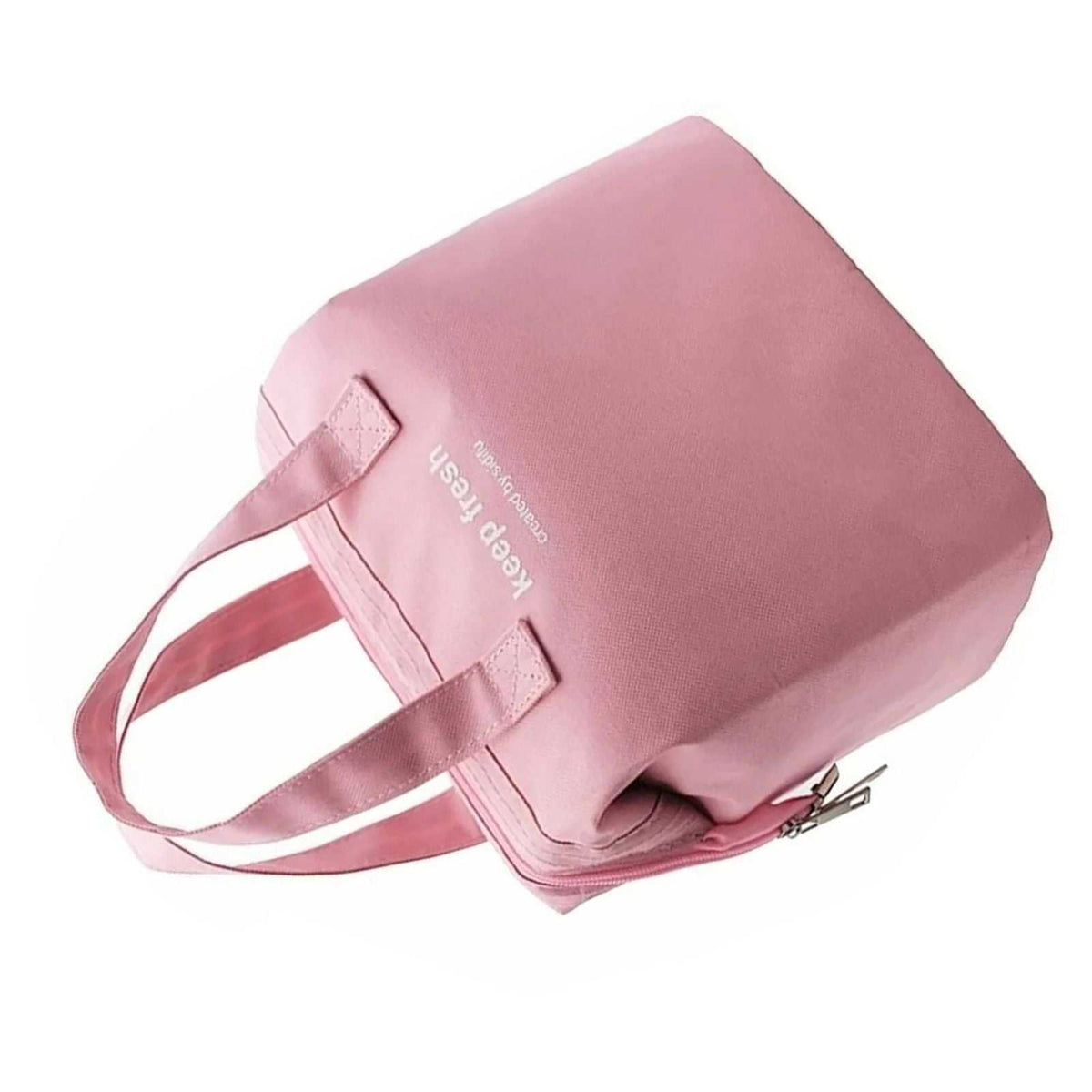 Insulated Lunch Bag in dusty pink Oxford cloth with matching double handles, a smooth rectangular shape and metal zipper