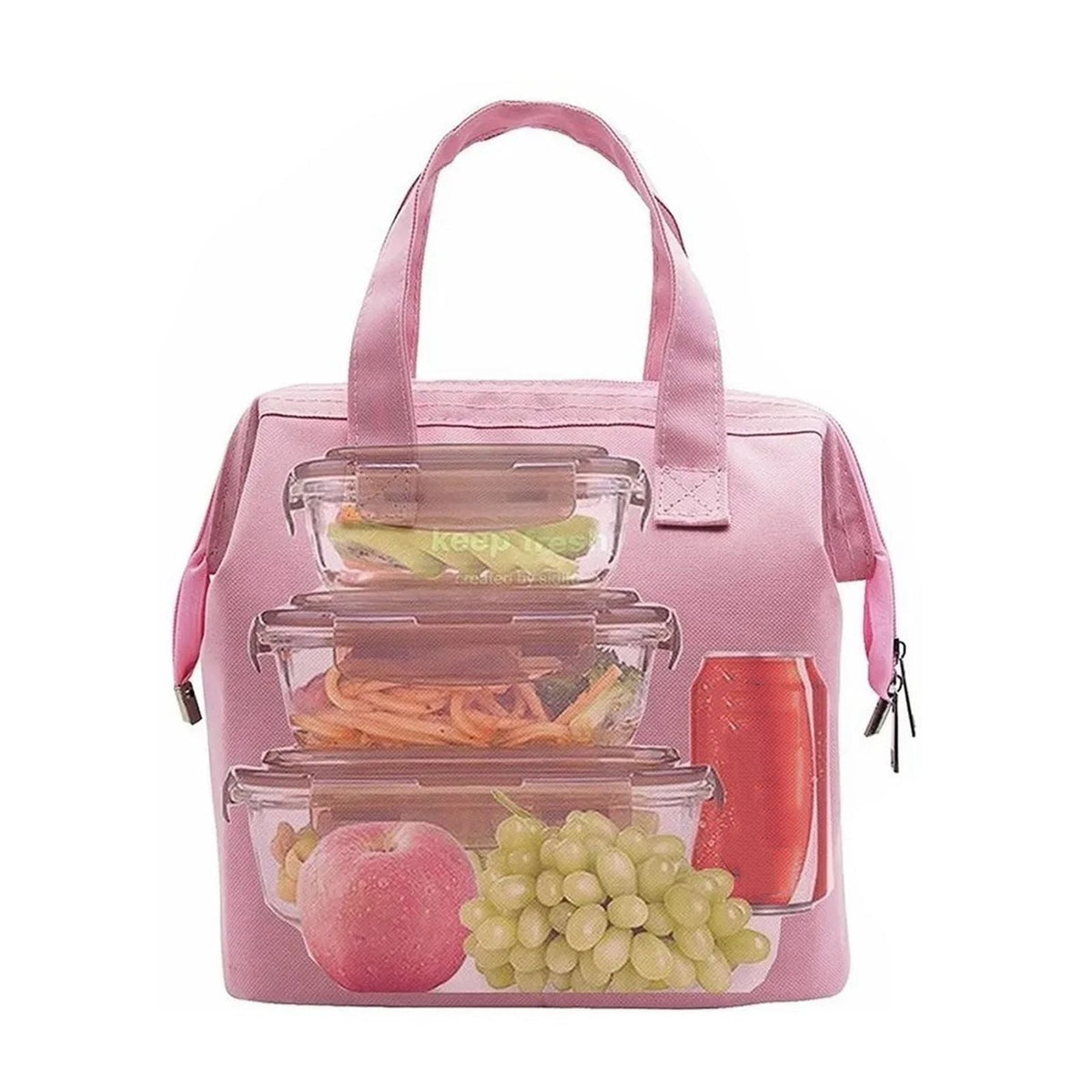 Insulated Lunch Bag in pink Oxford cloth with two handles, zippered compartments, and stacked clear food containers