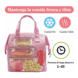 Insulated Lunch Bag in pink Oxford-style fabric with dual handles, side zippers and food containers shown inside