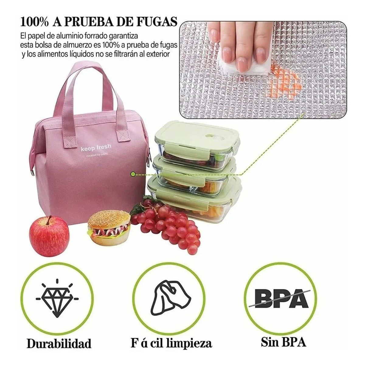 Insulated Lunch Bag in dusty rose Oxford cloth with dual handles, front pocket and matching insulated interior food containers