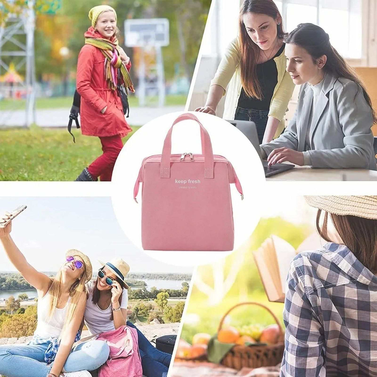 Insulated Lunch Bag in pink with a structured rectangular shape, dual handles, front pocket and metal zipper