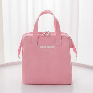 Insulated Lunch Bag in pink Oxford cloth with two short handles, a dual metal zipper and a simple front print