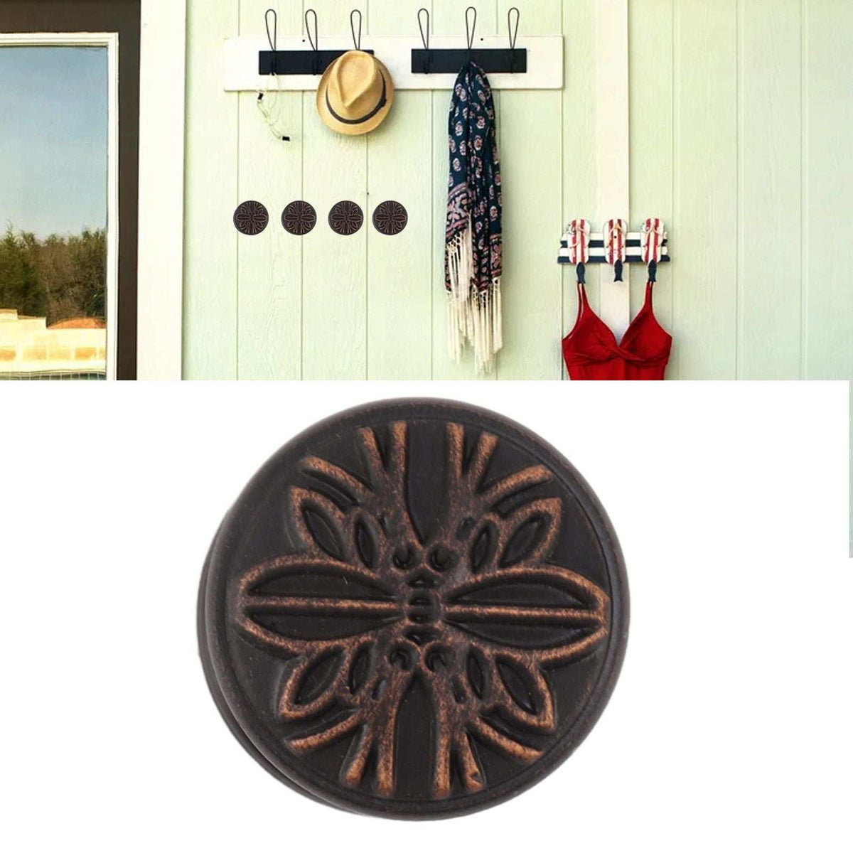 Bathroom Towel Hook Copper shown as a round dark bronze wall hook with raised floral detailing and a decorative edge