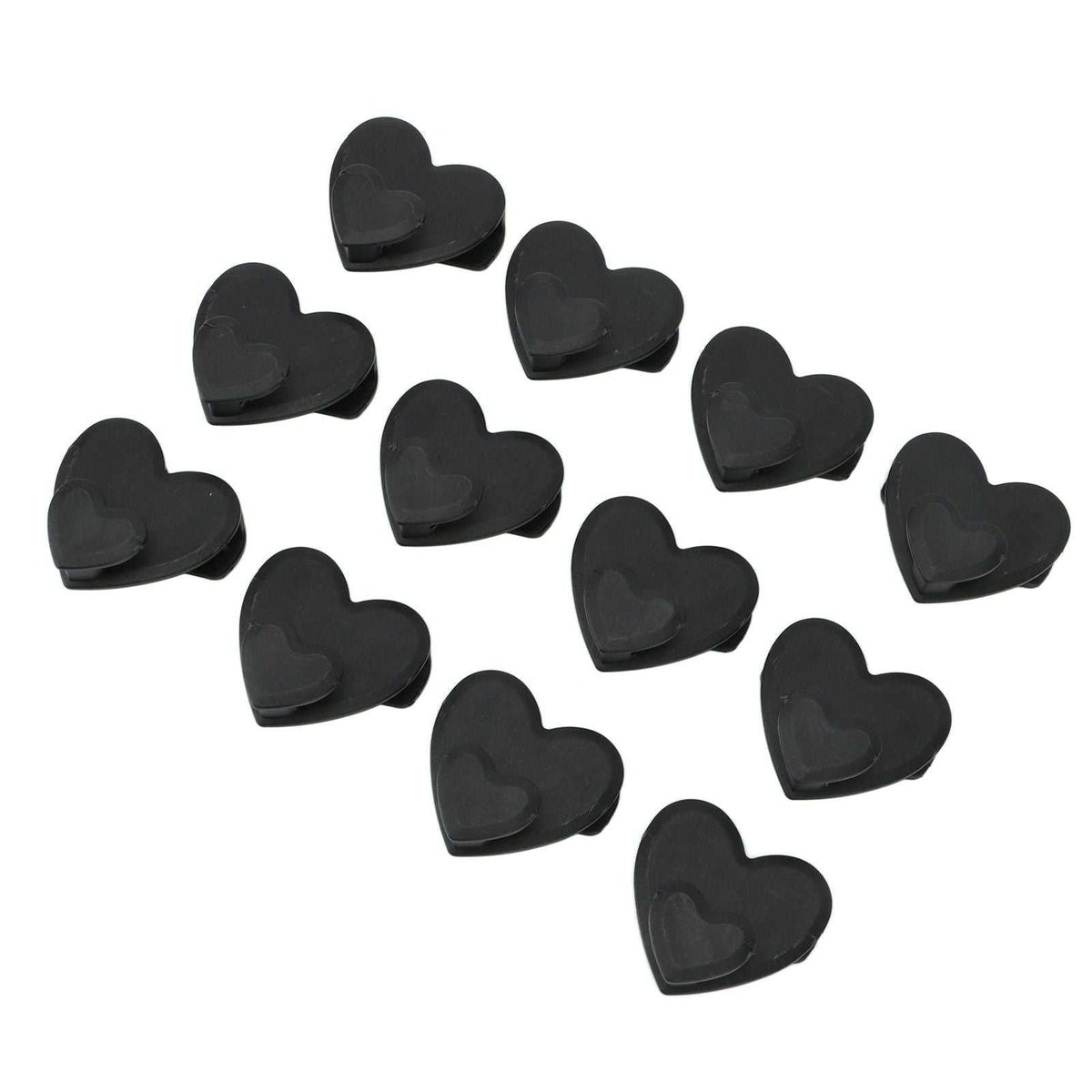 12pcs Clothes Hanger connector hooks in black plastic, each with a distinctive heart-shaped design for cascading hangers.