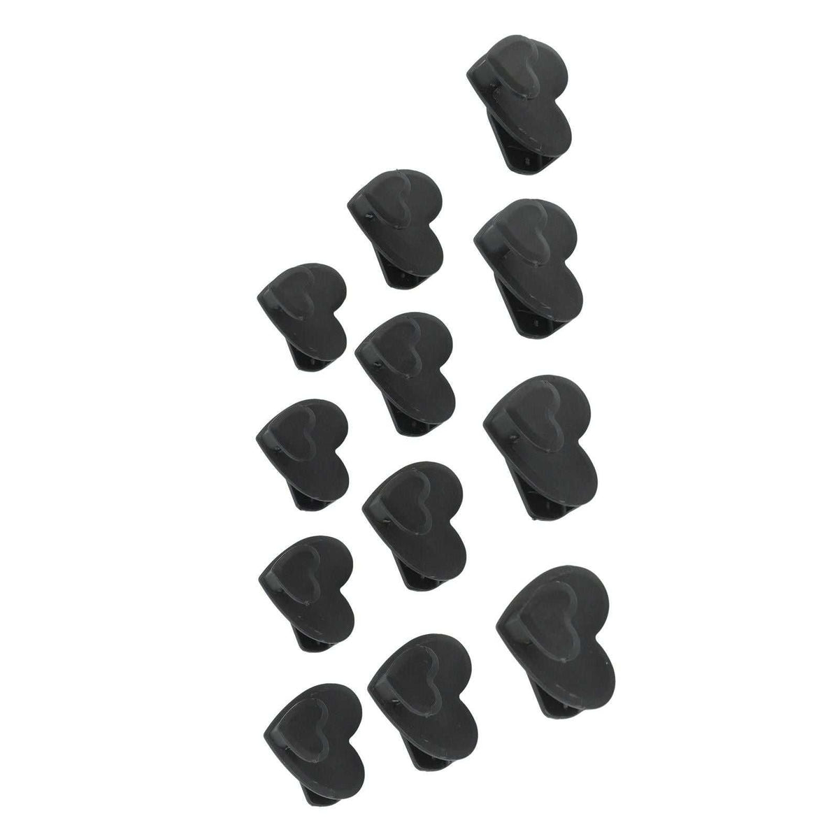 12pcs Clothes Hanger connector hooks in black plastic, with compact heart-shaped clips for cascading wardrobe storage