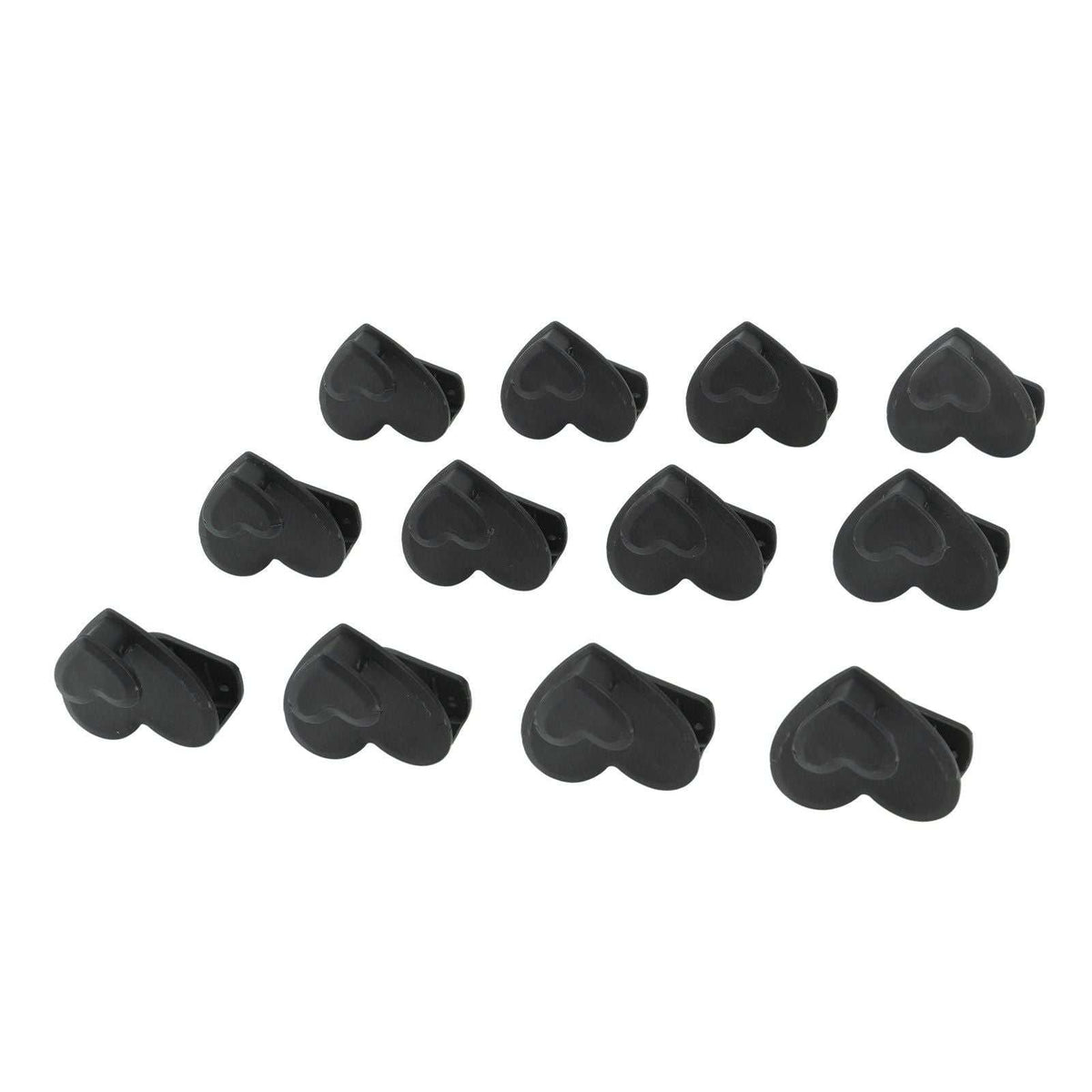 12pcs Clothes Hanger connector hooks in black plastic, with a compact heart-shaped profile for cascading wardrobe storage