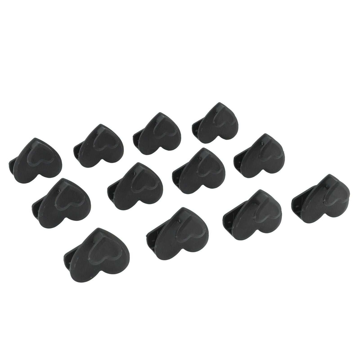 12pcs Clothes Hanger connector hooks in black plastic, with a compact heart-shaped profile for cascading wardrobe storage