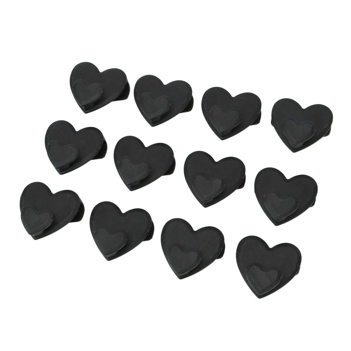 12pcs Clothes Hanger connector hooks in black plastic, each with a heart-shaped body and small hanging tab