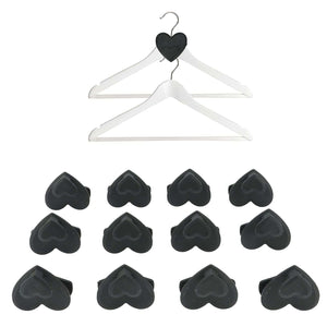 12pcs Clothes Hanger connector hooks in black plastic with heart-shaped tops, shown with white hangers linked in a cascade