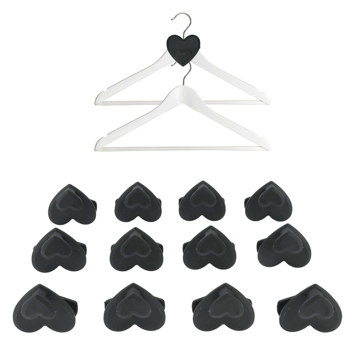 12pcs Clothes Hanger connector hooks in black plastic with heart-shaped tops, shown with white hangers linked in a cascade