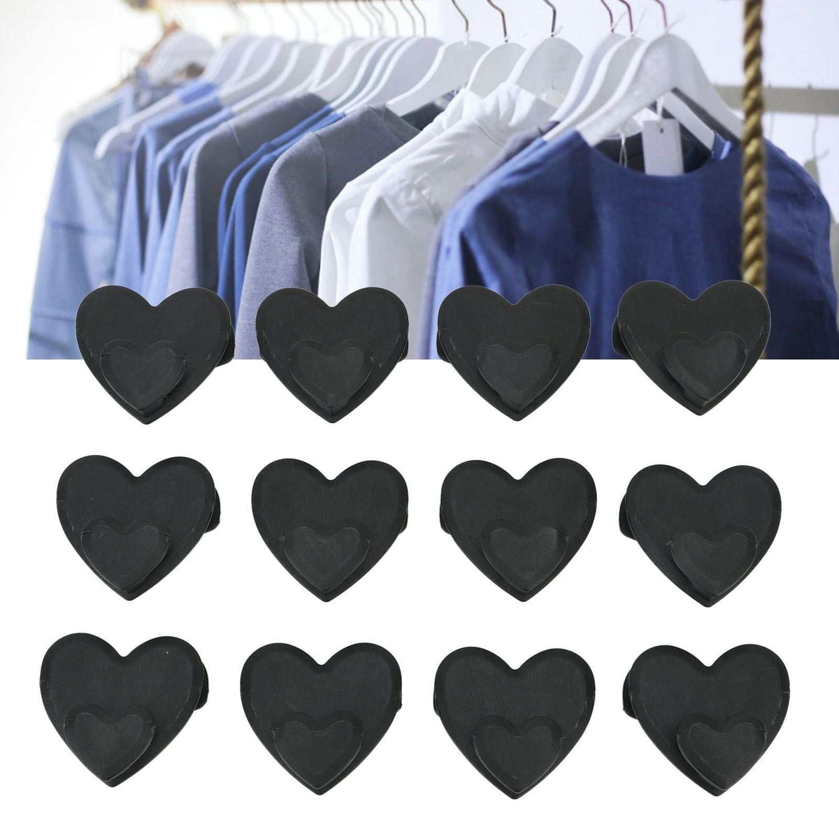 12pcs Clothes Hanger connector hooks in black plastic, heart-shaped with a small hanger slot for cascading wardrobe storage