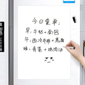Magnetic Refrigerator Note Sticker with a white erasable writing surface, handwritten meal notes and a pen