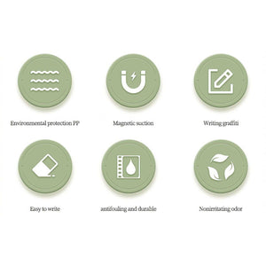 Magnetic Refrigerator Note Sticker shown as six sage-green feature icons highlighting magnetic suction, easy writing, durability and odour-free material