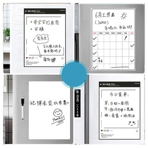 Magnetic Refrigerator Note Sticker in white erasable PVC with black printed borders, Chinese handwriting, calendar grid and pen