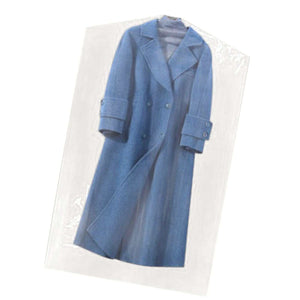 Hanging Garment Bag in semi-transparent PE plastic, displaying a blue double-breasted coat with lapels and cuff buttons