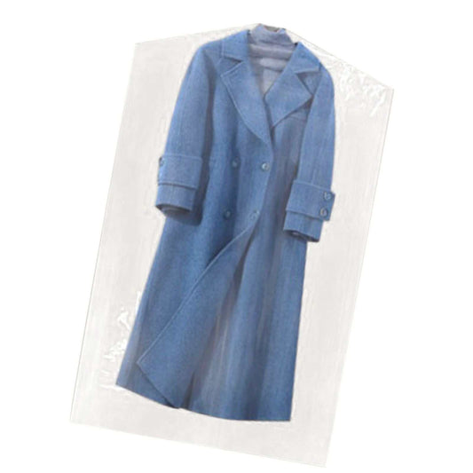 Hanging Garment Bag in semi-transparent PE plastic, displaying a blue double-breasted coat with lapels and cuff buttons
