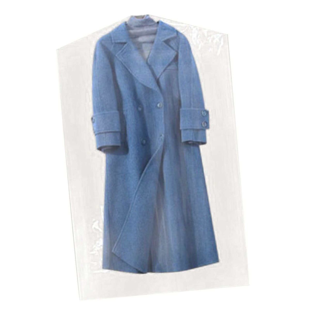 Hanging Garment Bag in semi-transparent PE with a long blue coat visible inside, featuring a clear hanging cover