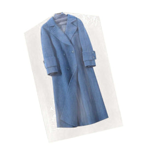 Hanging Garment Bag in semi-transparent plastic enclosing a blue long coat with lapels, buttons and cuff details
