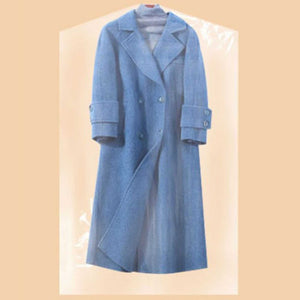 Hanging Garment Bag in semi-transparent PE protects a blue wool-style coat with lapels, buttons and cuff tabs