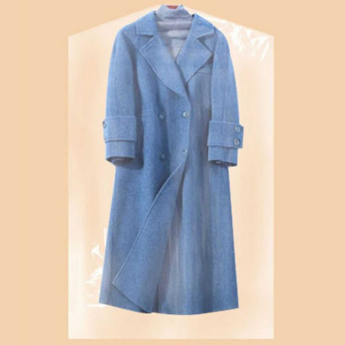 Hanging Garment Bag in semi-transparent PE protects a blue wool-style coat with lapels, buttons and cuff tabs