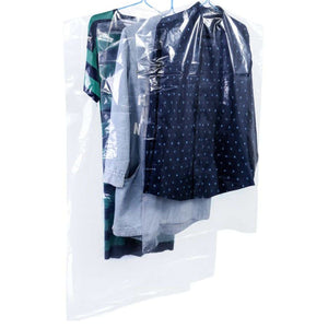 Hanging Garment Bag in clear semi-transparent plastic, covering several shirts and jackets on hangers