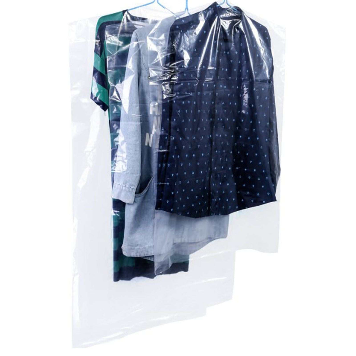 Hanging Garment Bag in clear semi-transparent plastic, covering several shirts and jackets on hangers