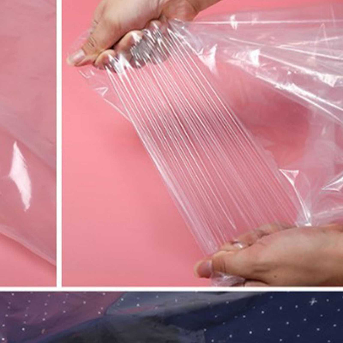 Hanging Garment Bag made from clear, flexible PE plastic, shown stretched between hands with a smooth, semi-transparent finish