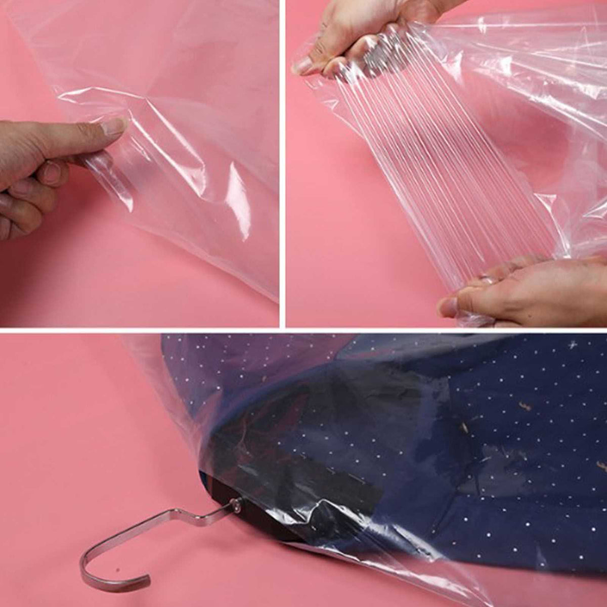 Hanging Garment Bag in clear semi-transparent PE plastic, shown stretched by hand and covering a navy polka-dot garment