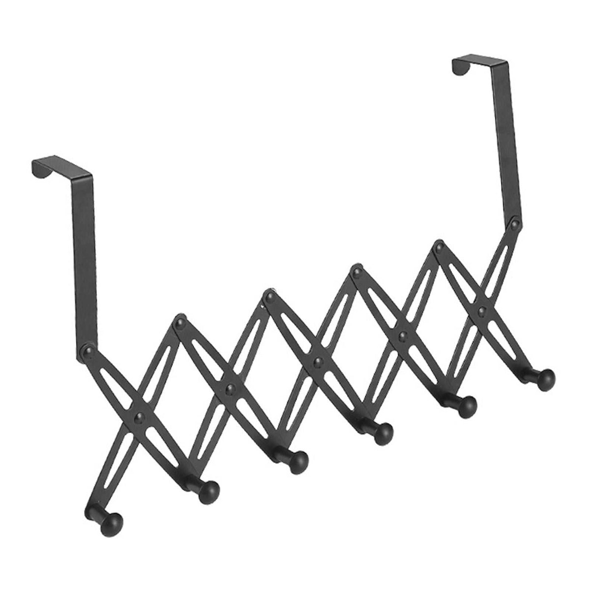 Over Door Hooks rack in black metal with an expandable scissor-style frame and six rounded hooks