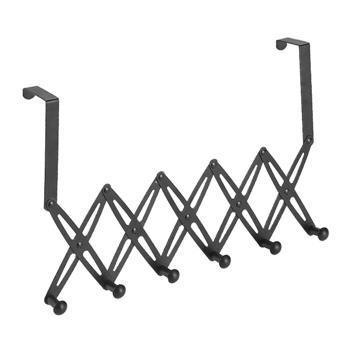 Over Door Hooks in black metal with an expandable accordion frame, six rounded hanging hooks and two over-door brackets