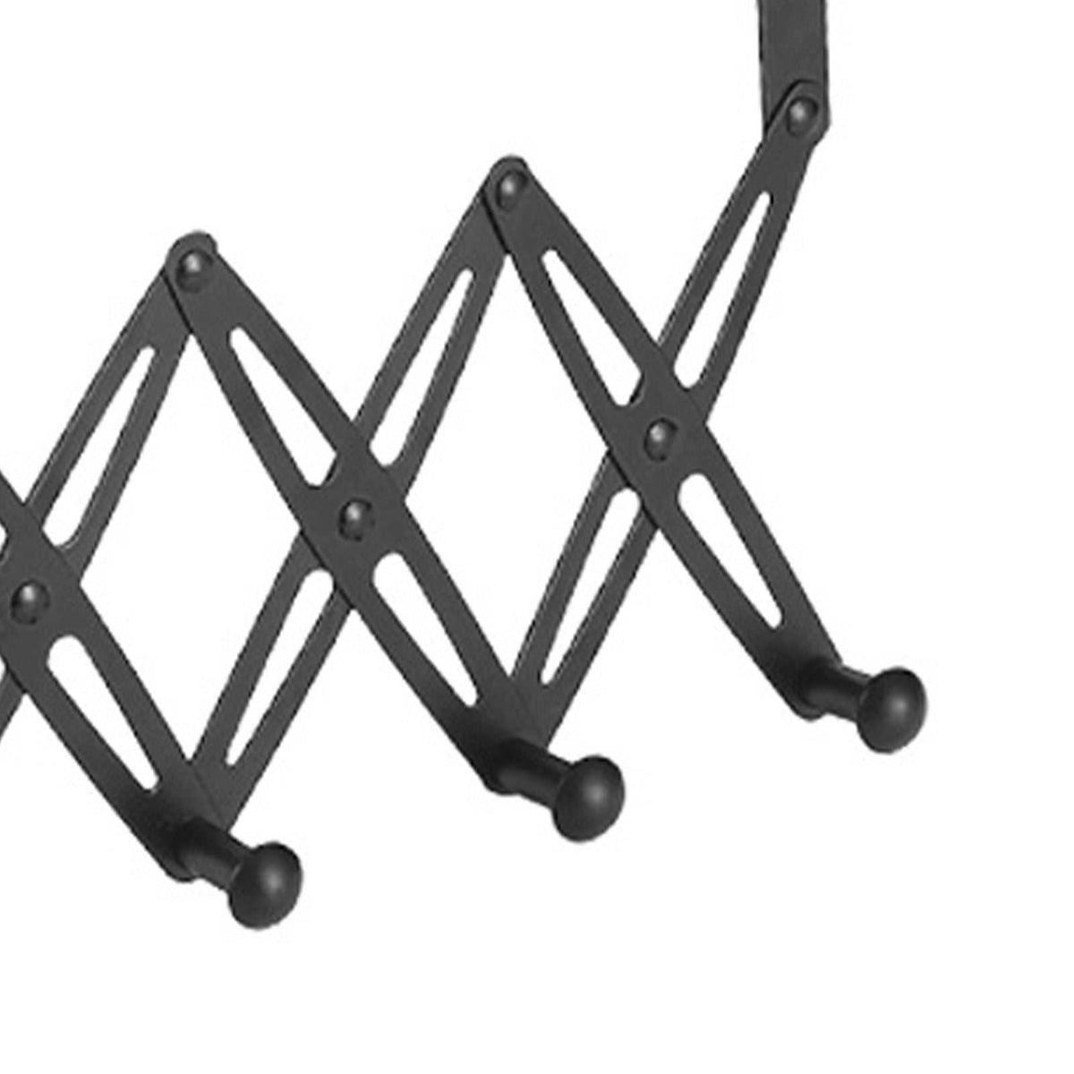 Over Door Hooks in black metal with an expandable lattice frame and six rounded ball-ended hooks