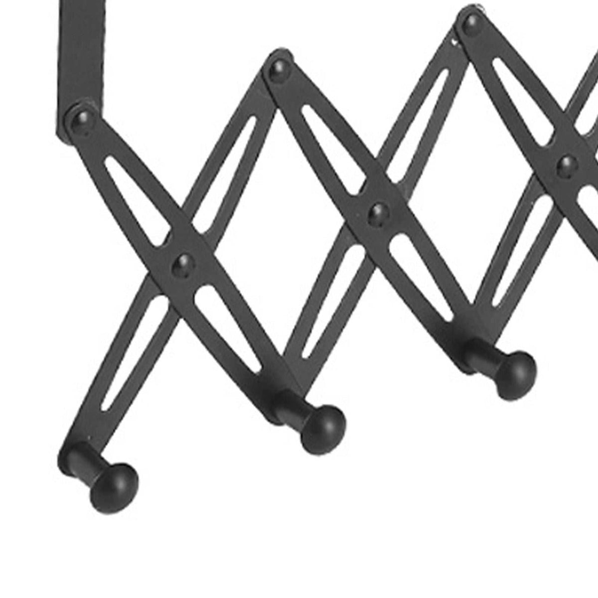 Over Door Hooks expandable black metal rack with a concertina frame and four visible rounded knobs