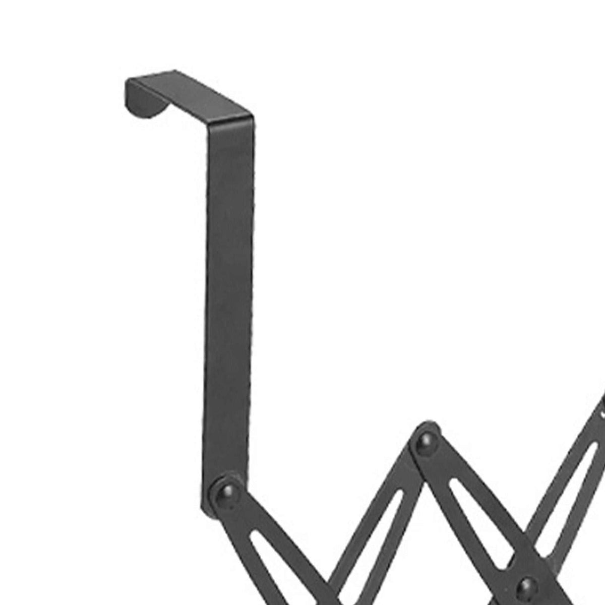Over Door Hooks rack in black metal with a flat over-door hanger and expandable folding arms visible; no hooks shown.